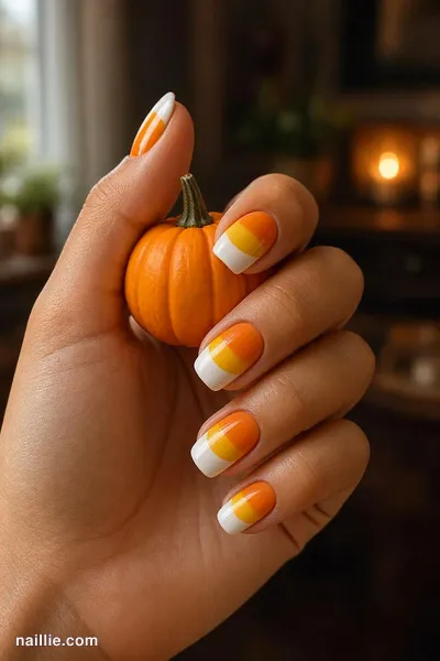 Close-up of short square nails with candy corn stripes in orange, yellow and white — look 2