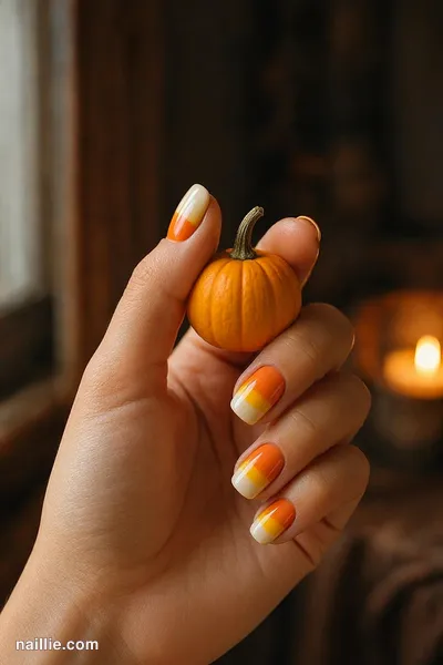Close-up of short square nails with candy corn stripes in orange, yellow and white — look 3