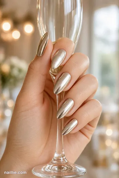 Close-up of almond nails with champagne polish and a mirror-like chrome finish — look 2