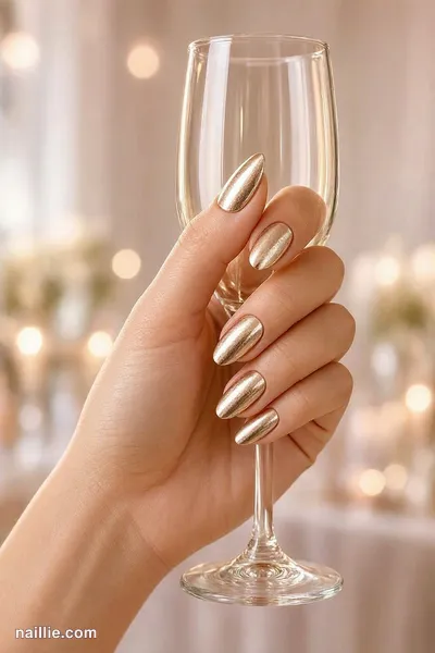Close-up of almond nails with champagne polish and a mirror-like chrome finish — look 3