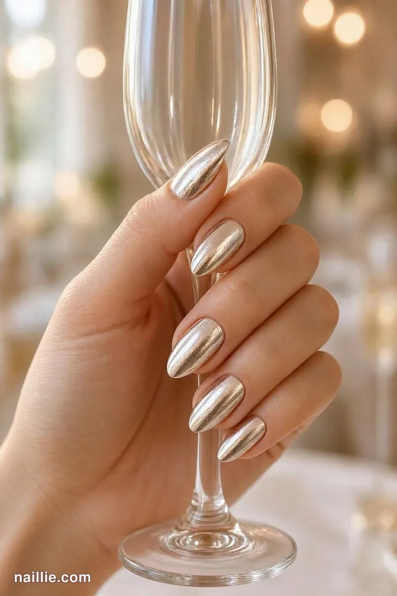 Close-up of almond nails with champagne polish and a mirror-like chrome finish