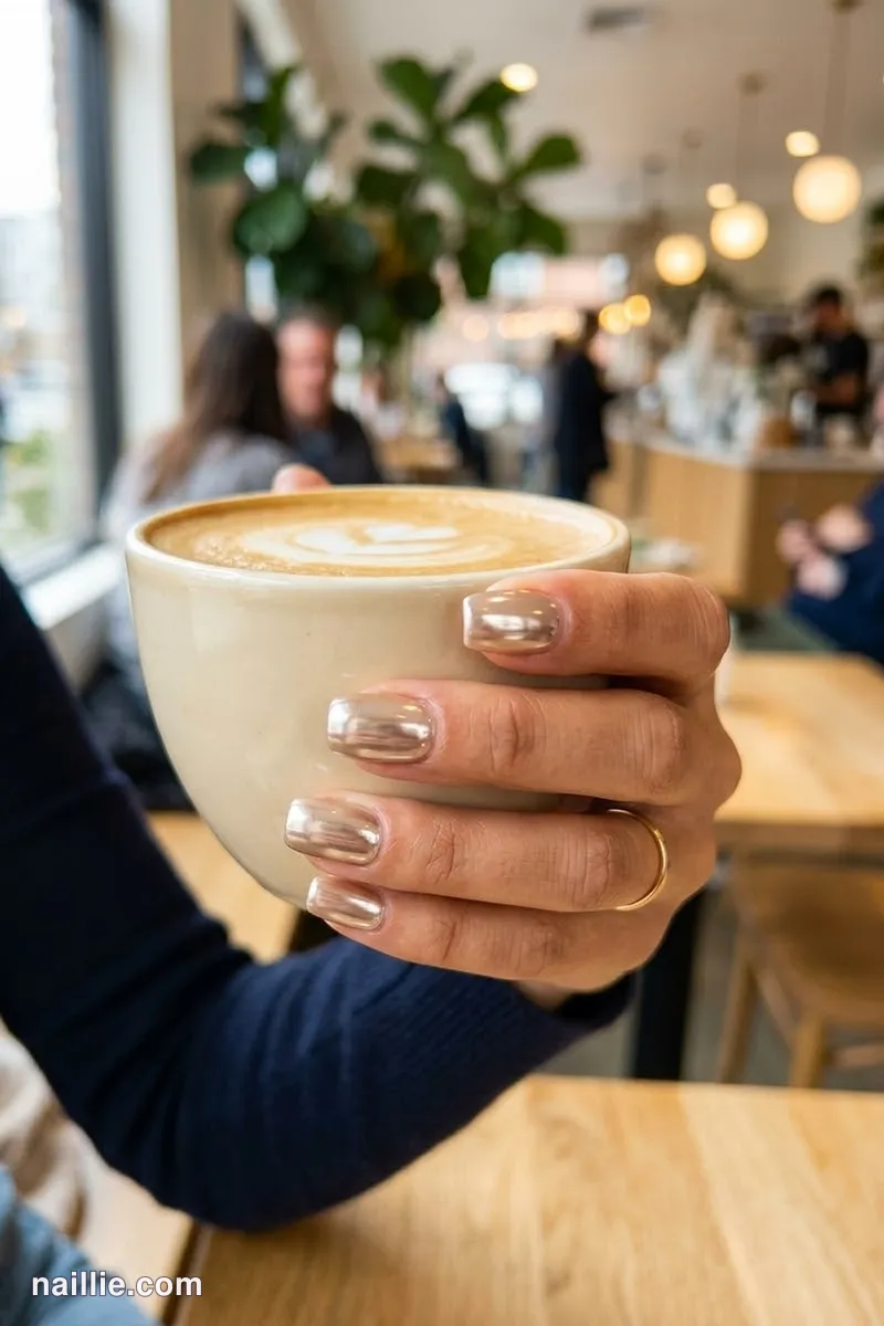 Close-up of short square nails with champagne polish and a mirror-like chrome finish