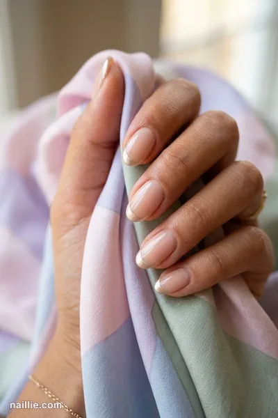 Close-up of oval nails with champagne French tips over a sheer nude base — look 2