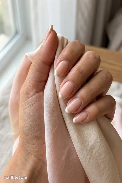 Close-up of oval nails with champagne French tips over a sheer nude base — look 3