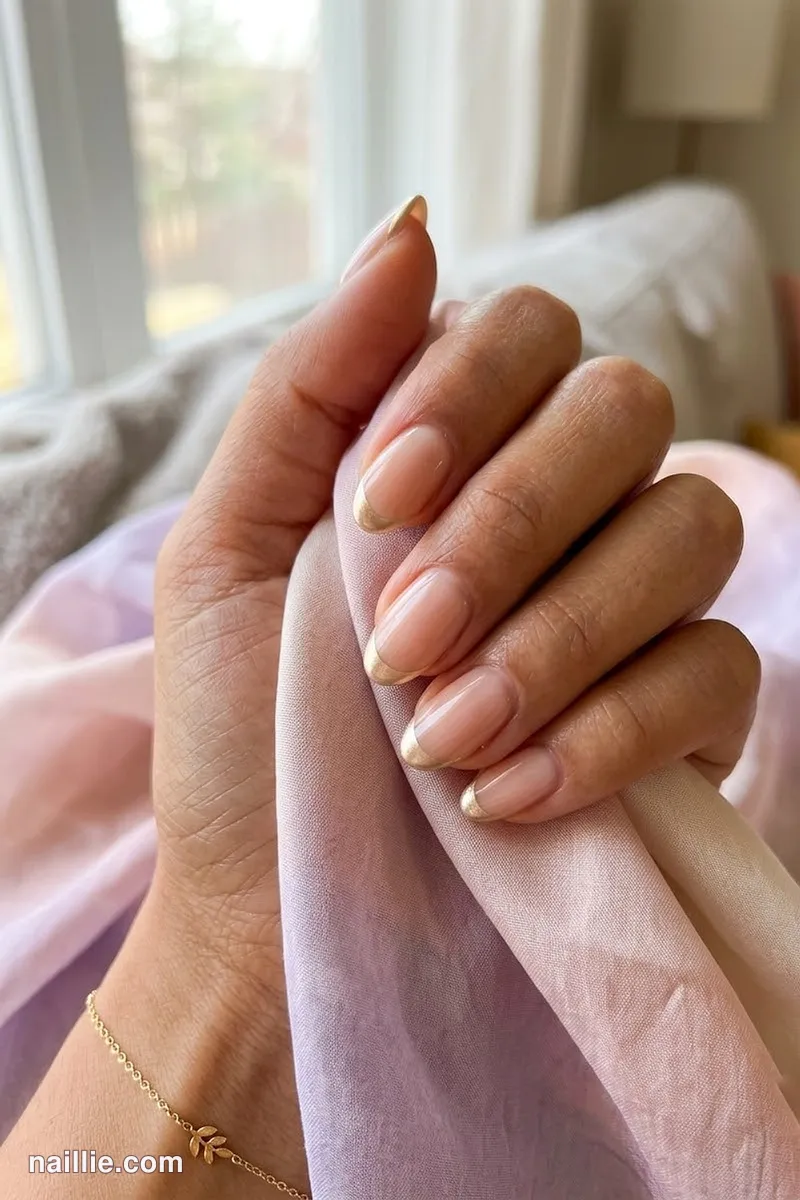 Close-up of oval nails with champagne French tips over a sheer nude base