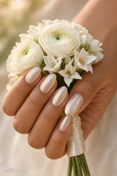 Close-up of almond nails with champagne polish and a pearly glazed-donut shimmer