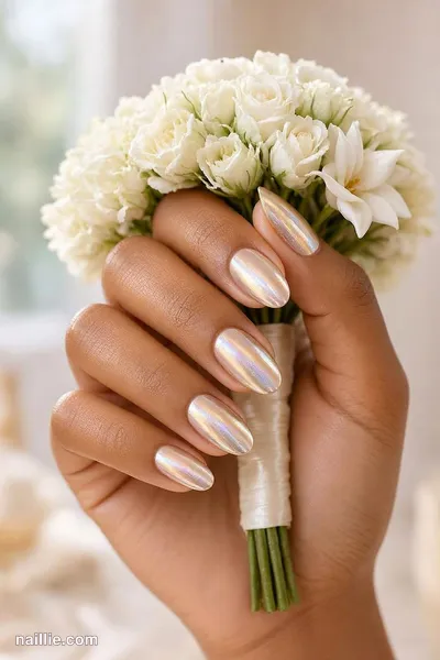 Close-up of almond nails with champagne polish and a pearly glazed-donut shimmer — look 2