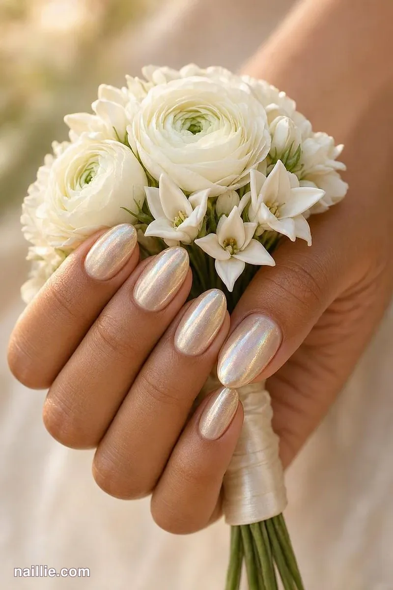 Close-up of almond nails with champagne polish and a pearly glazed-donut shimmer
