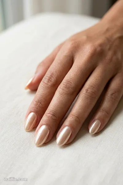 Close-up of oval nails with champagne polish and a pearly glazed-donut shimmer