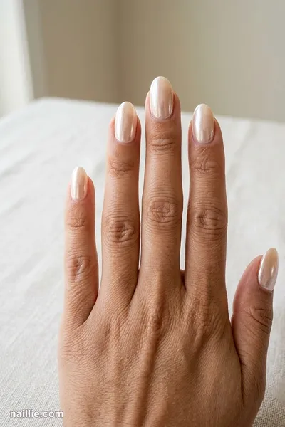 Close-up of oval nails with champagne polish and a pearly glazed-donut shimmer — look 2