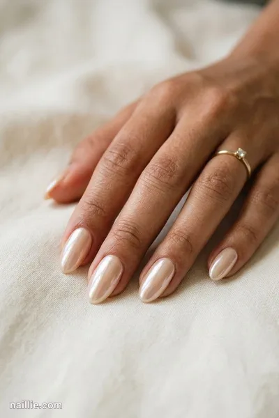Close-up of oval nails with champagne polish and a pearly glazed-donut shimmer — look 3