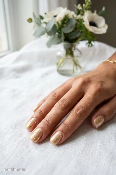 Close-up of short square nails with champagne polish and delicate gold foil flakes