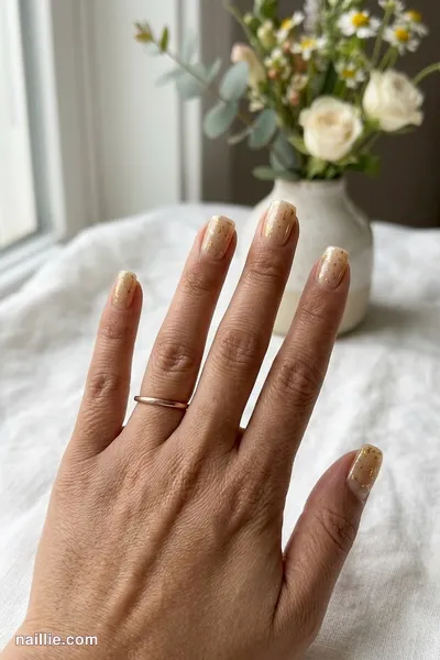 Close-up of short square nails with champagne polish and delicate gold foil flakes — look 2