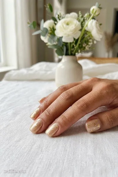 Close-up of short square nails with champagne polish and delicate gold foil flakes — look 3