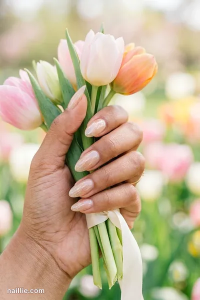 Close-up of almond nails with champagne polish and a glossy see-through jelly finish — look 2