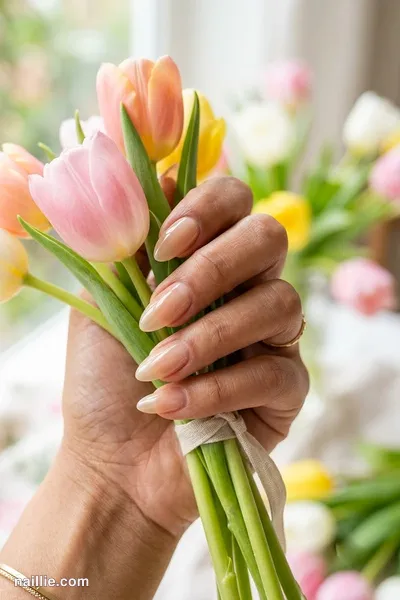 Close-up of almond nails with champagne polish and a glossy see-through jelly finish — look 3