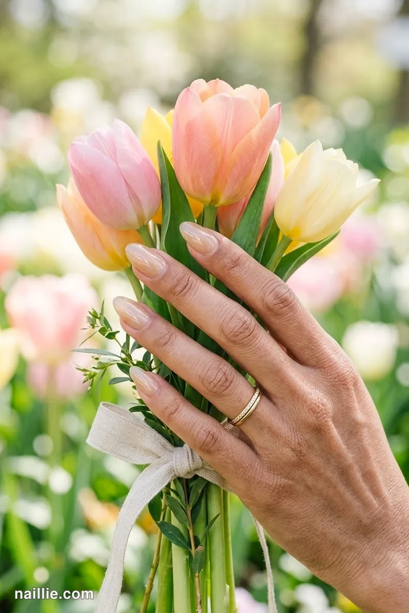 Close-up of almond nails with champagne polish and a glossy see-through jelly finish