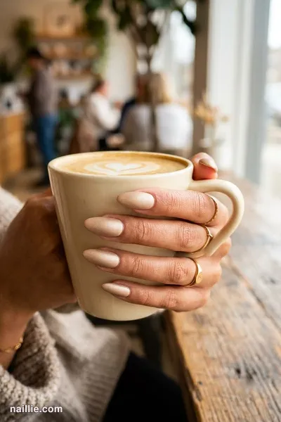 Close-up of almond nails with champagne polish and a soft matte top coat