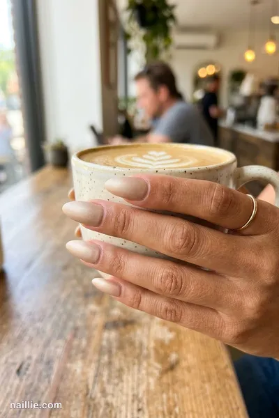 Close-up of almond nails with champagne polish and a soft matte top coat — look 3