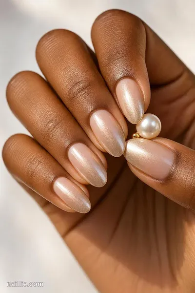 Close-up of almond nails with a champagne ombre fading into nude