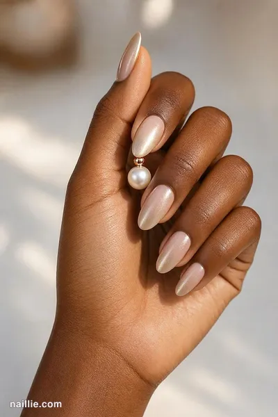 Close-up of almond nails with a champagne ombre fading into nude — look 3