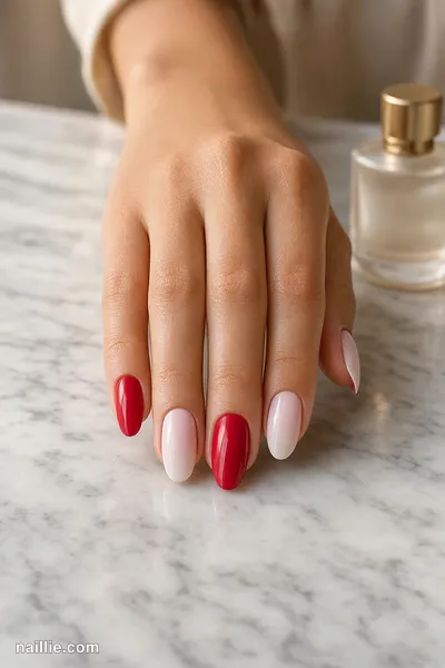 Close-up of almond nails with glossy cherry red nails mixed with milky pink ones