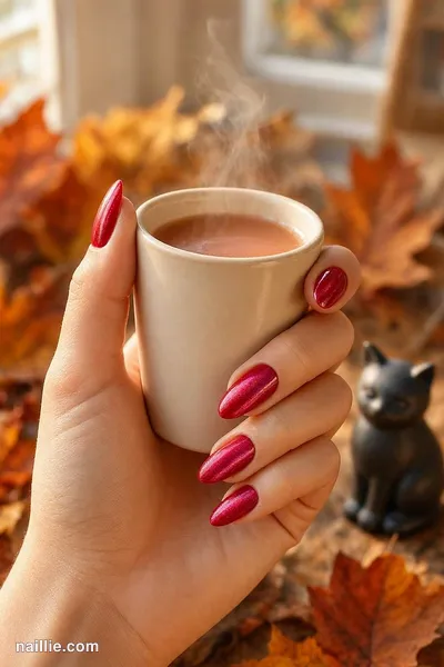 Close-up of almond nails with cherry red polish and a shimmering magnetic cat eye effect