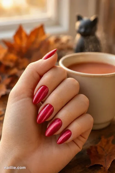 Close-up of almond nails with cherry red polish and a shimmering magnetic cat eye effect — look 2