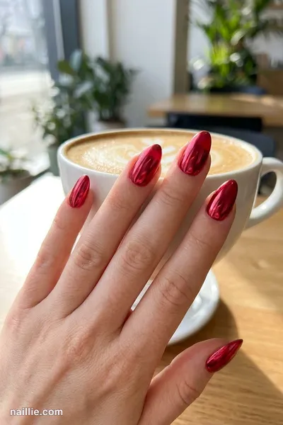 Close-up of almond nails with cherry red polish and a mirror-like chrome finish