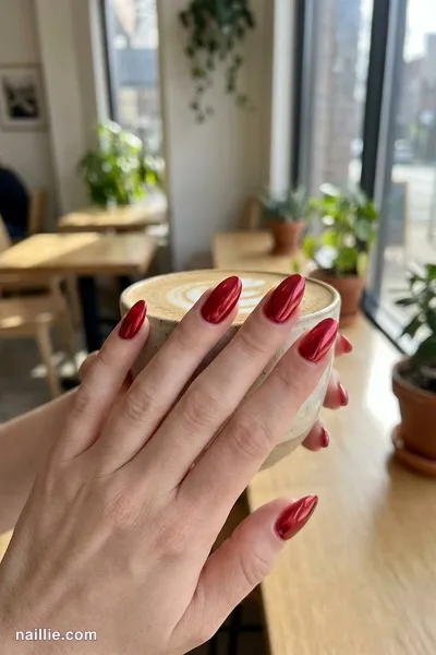 Close-up of almond nails with cherry red polish and a mirror-like chrome finish — look 2