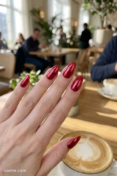 Close-up of almond nails with cherry red polish and a mirror-like chrome finish — look 3