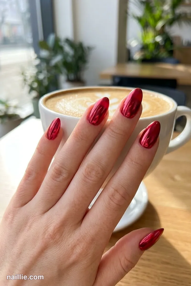 Close-up of almond nails with cherry red polish and a mirror-like chrome finish