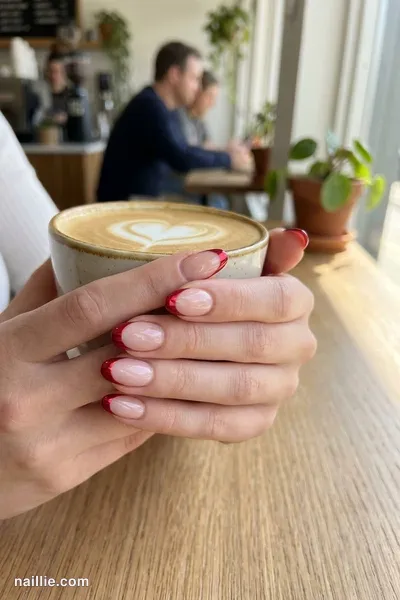 Close-up of oval nails with cherry red chrome French tips