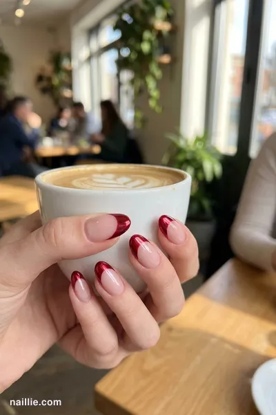 Close-up of oval nails with cherry red chrome French tips — look 2