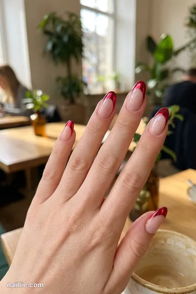 Close-up of oval nails with cherry red chrome French tips — look 3