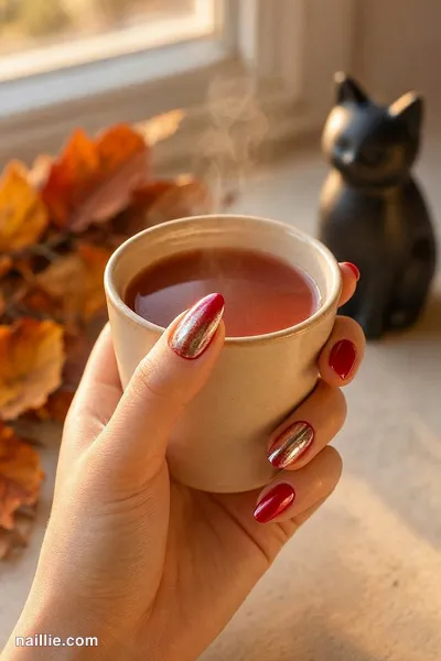 Close-up of almond nails with cherry red polish and a mirror-like chrome finish — look 2