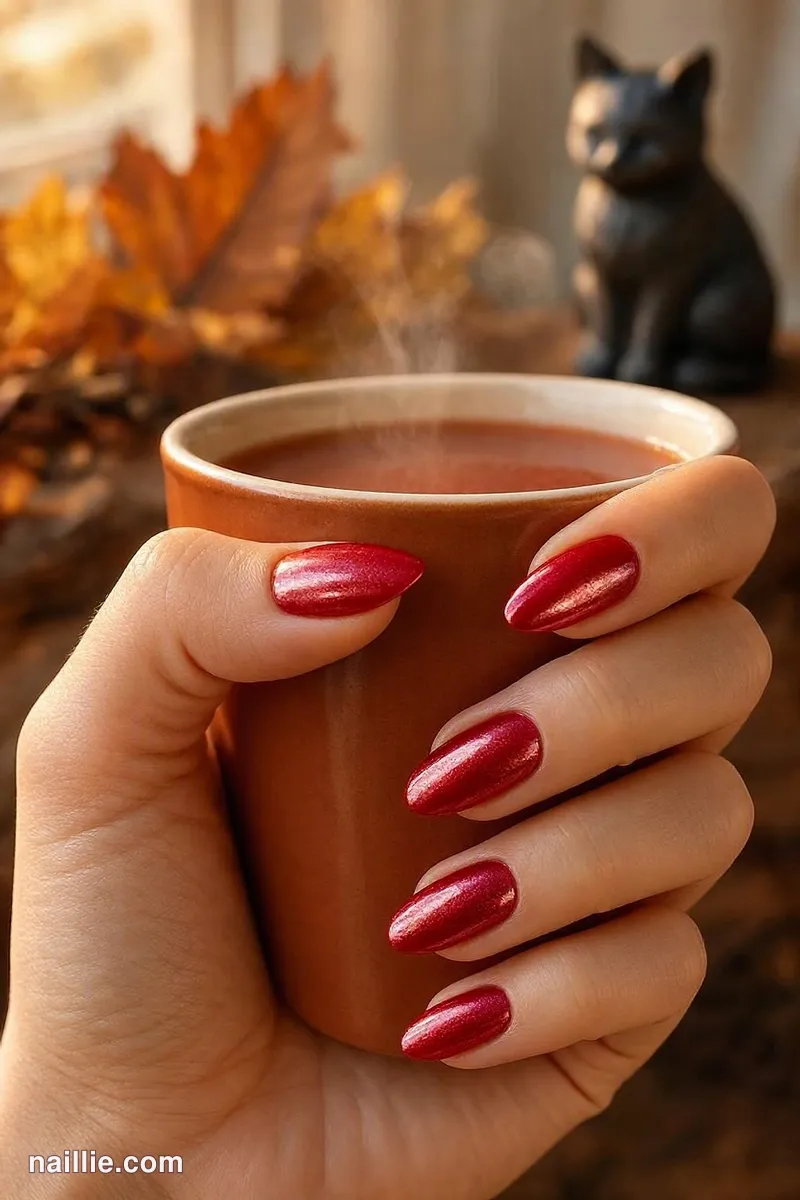 Close-up of almond nails with cherry red polish and a mirror-like chrome finish