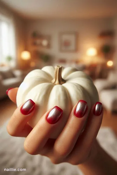 Close-up of short square nails with cherry red polish and a mirror-like chrome finish