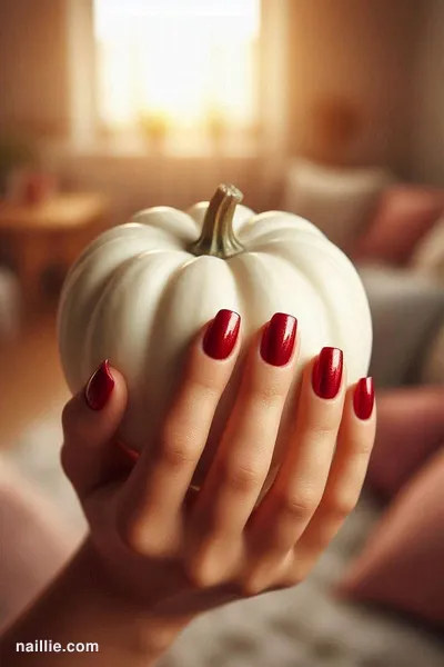 Close-up of short square nails with cherry red polish and a mirror-like chrome finish — look 2