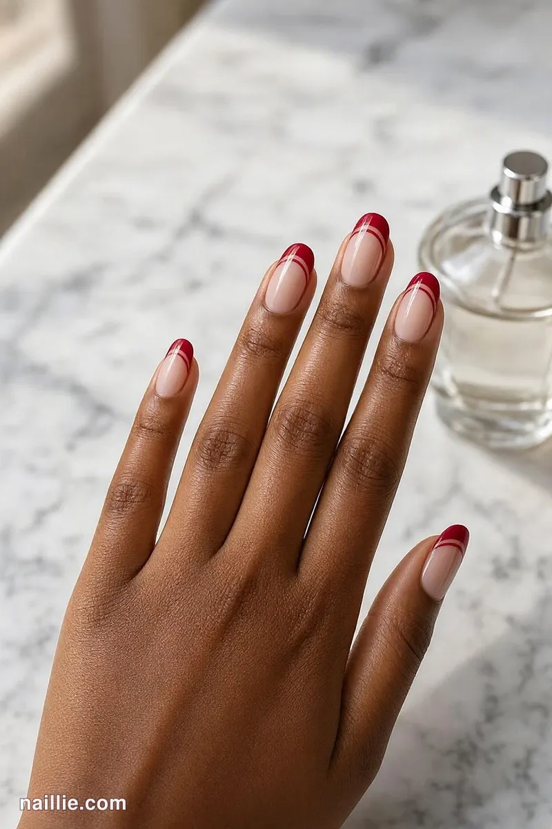 Close-up of oval nails with a cherry red double French line