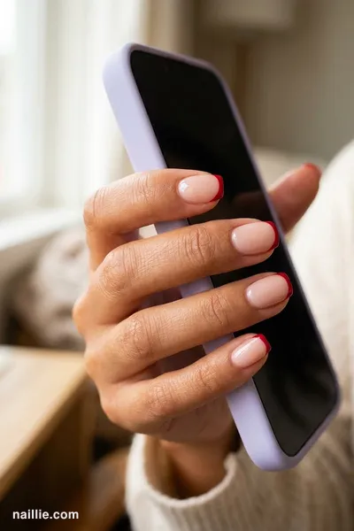 Close-up of squoval nails with cherry red French tips over a sheer nude base — look 2
