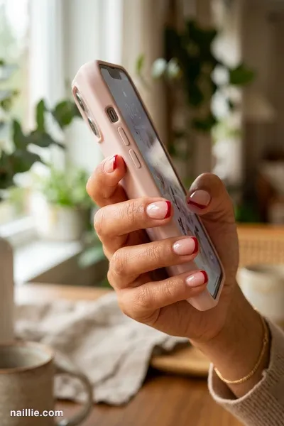 Close-up of squoval nails with cherry red French tips over a sheer nude base — look 3