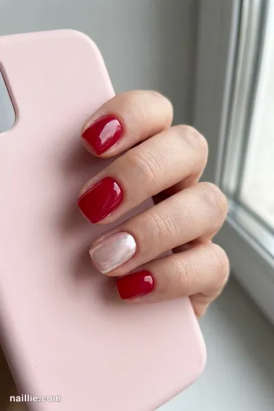 Close-up of short square nails with cherry red polish and a pearly glazed-donut shimmer — look 2