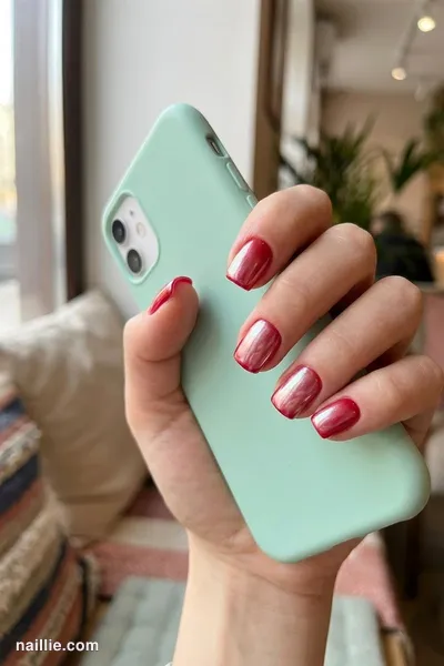 Close-up of short square nails with cherry red polish and a pearly glazed-donut shimmer — look 3