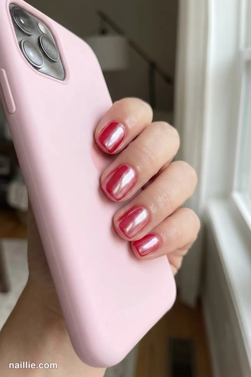 Close-up of short square nails with cherry red polish and a pearly glazed-donut shimmer