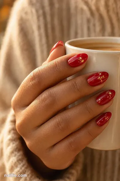 Close-up of almond nails with cherry red polish and delicate gold foil flakes — look 2