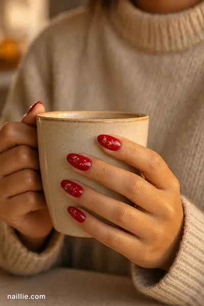 Close-up of almond nails with cherry red polish and delicate gold foil flakes — look 3