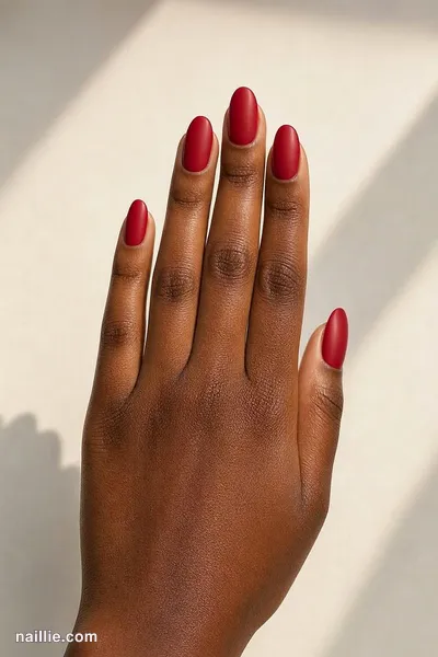 Close-up of almond nails with cherry red polish and a soft matte top coat — look 2