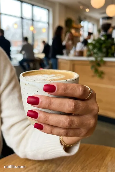 Close-up of short square nails with cherry red polish and a soft matte top coat — look 2