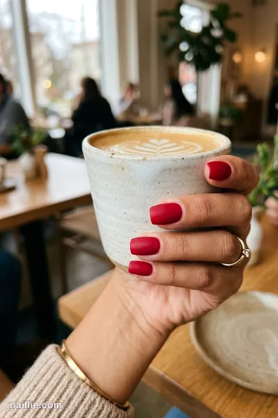 Close-up of short square nails with cherry red polish and a soft matte top coat — look 3